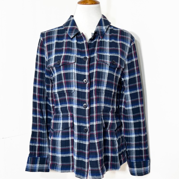 Sanctuary Navy Blue Plaid Tie Waist Long Sleeve Buttondown Shacket Jacket Top S - Picture 7 of 10